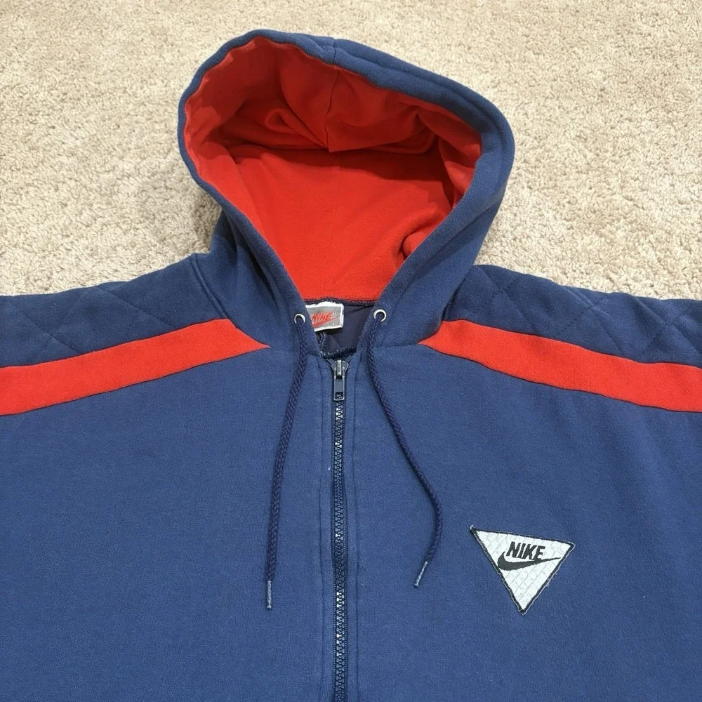 Vintage 80s NIKE Zip Up Hoodie Mens Large Blue Quilted ColorBlock